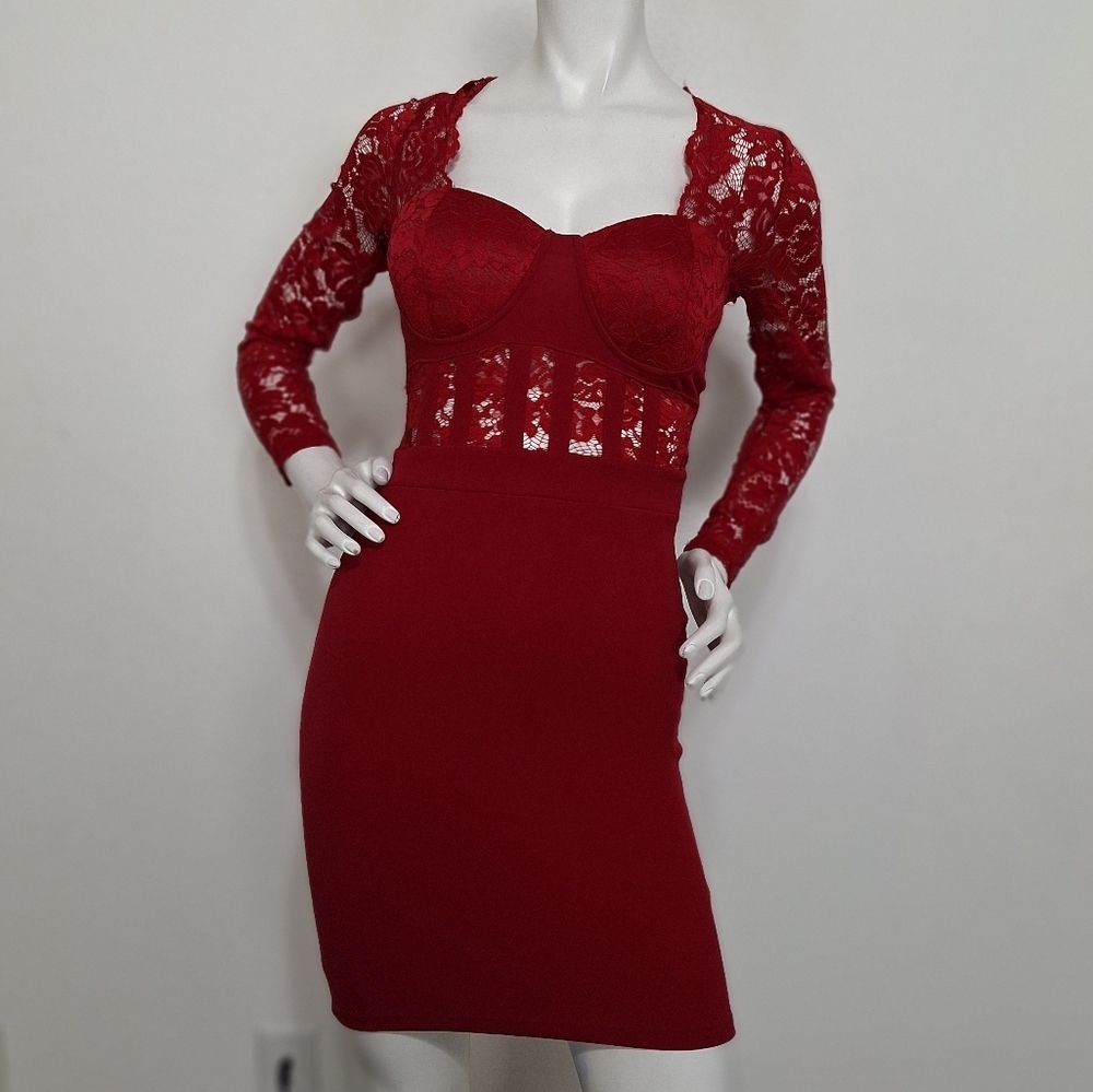Haute Monde New Red Romantic Coquette Lace Long Sleeve Bodycon Mini Dress Size S